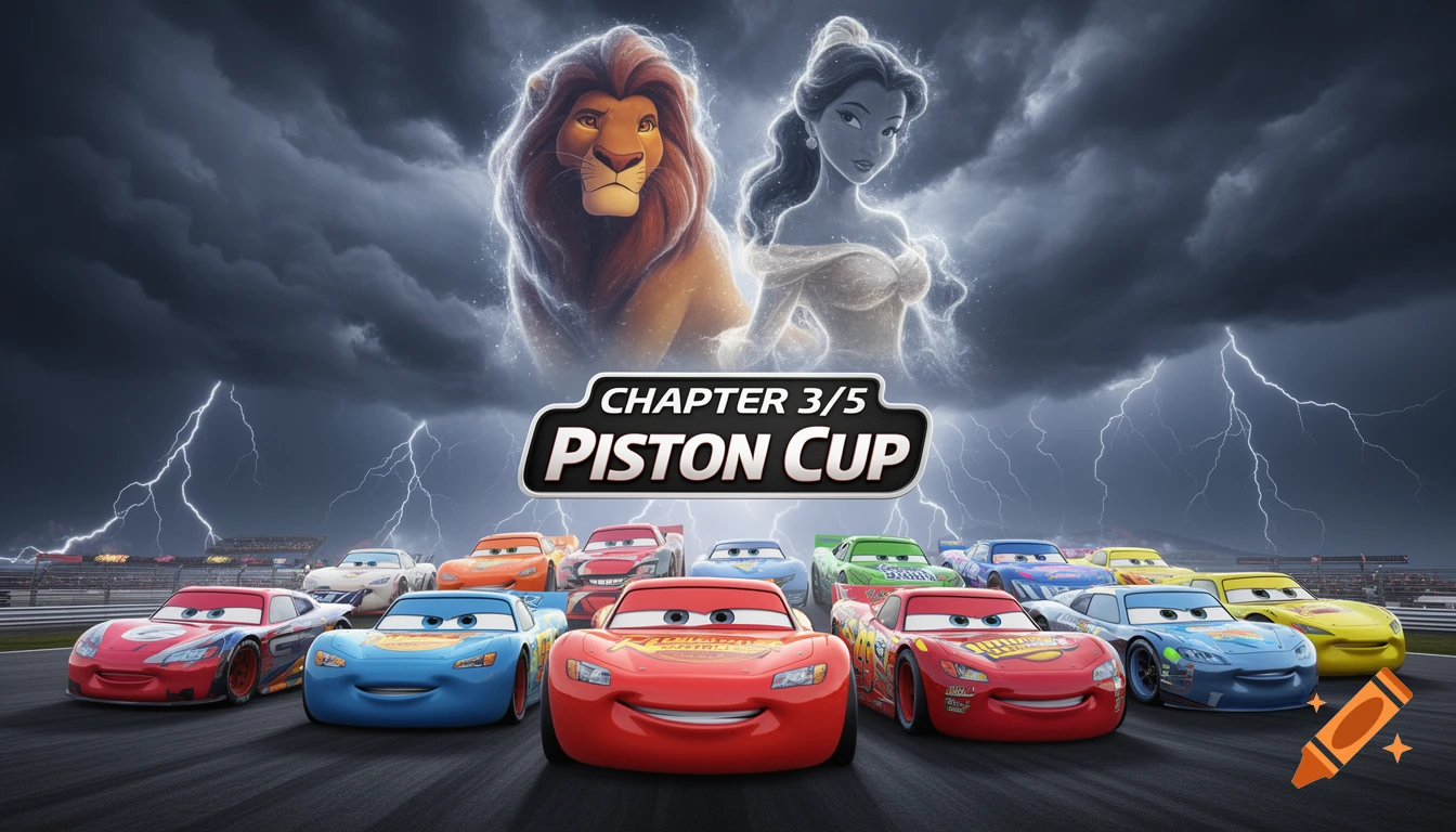 Lightning McQueen and other Cars characters race on a track under a stormy sky, with Mufasa and Belle as ethereal figures above, with the text 'Chapter 3/5 Piston Cup'.