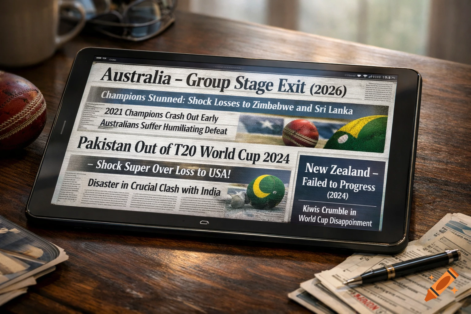 A tablet displays news headlines about cricket teams Australia, Pakistan, and New Zealand exiting group stages, next to a cricket ball and pen on a wooden table.