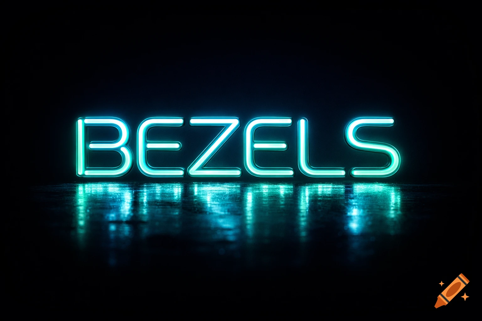 Neon sign spelling BEZELS, glowing blue and green on a dark reflective surface.