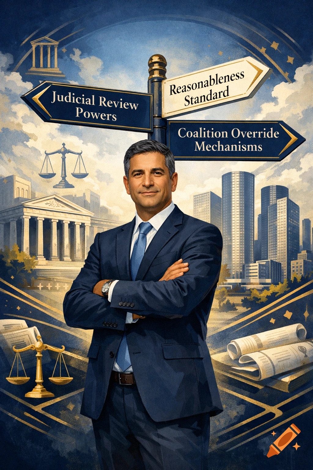 Professional illustration of a man in a suit at a constitutional crossroads with legal signs, symbols, and a city skyline.