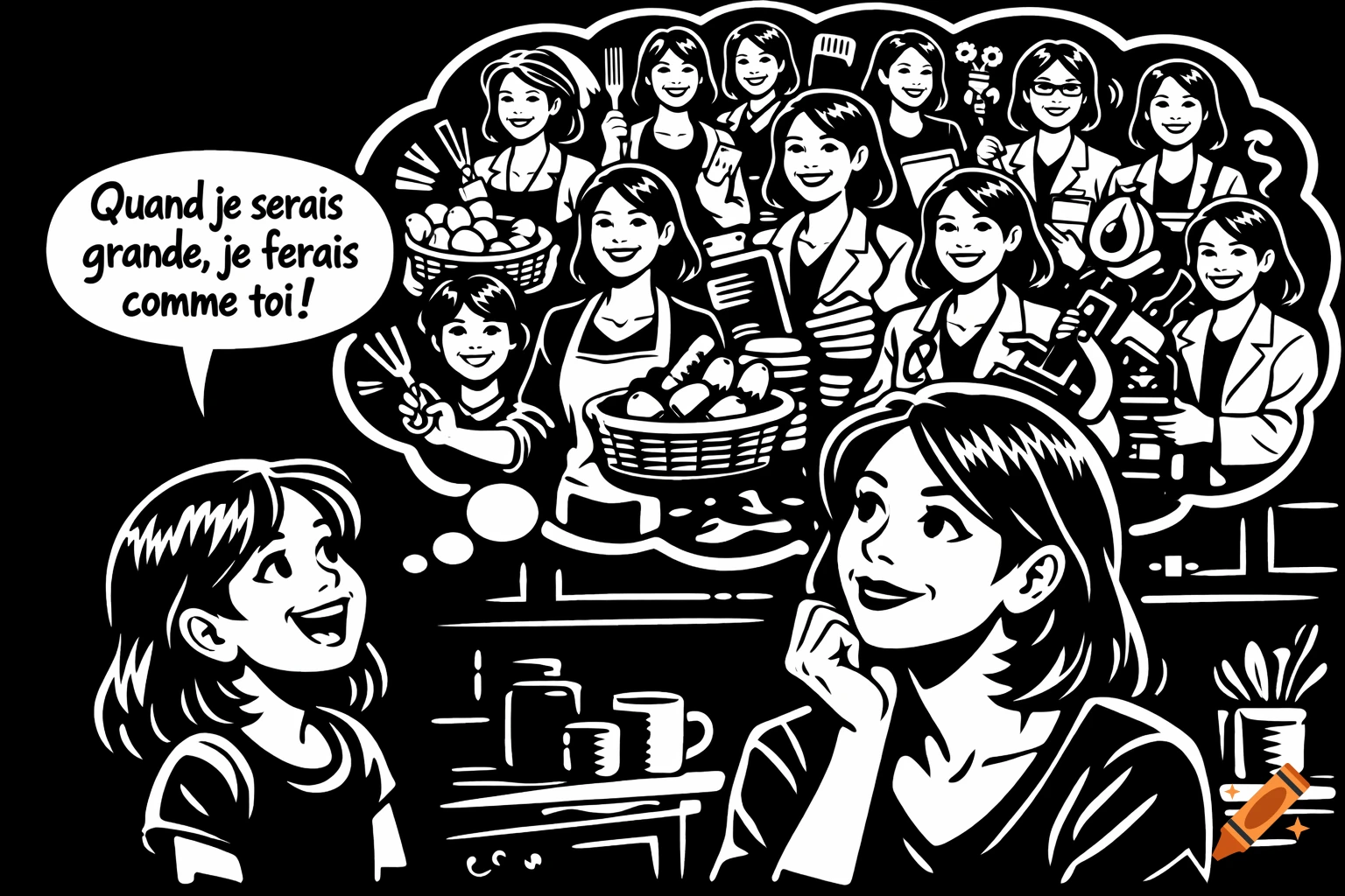 A little girl tells her mother in a comic-style white-on-black illustration that she wants to be like her, while the mother imagines herself in various professions.