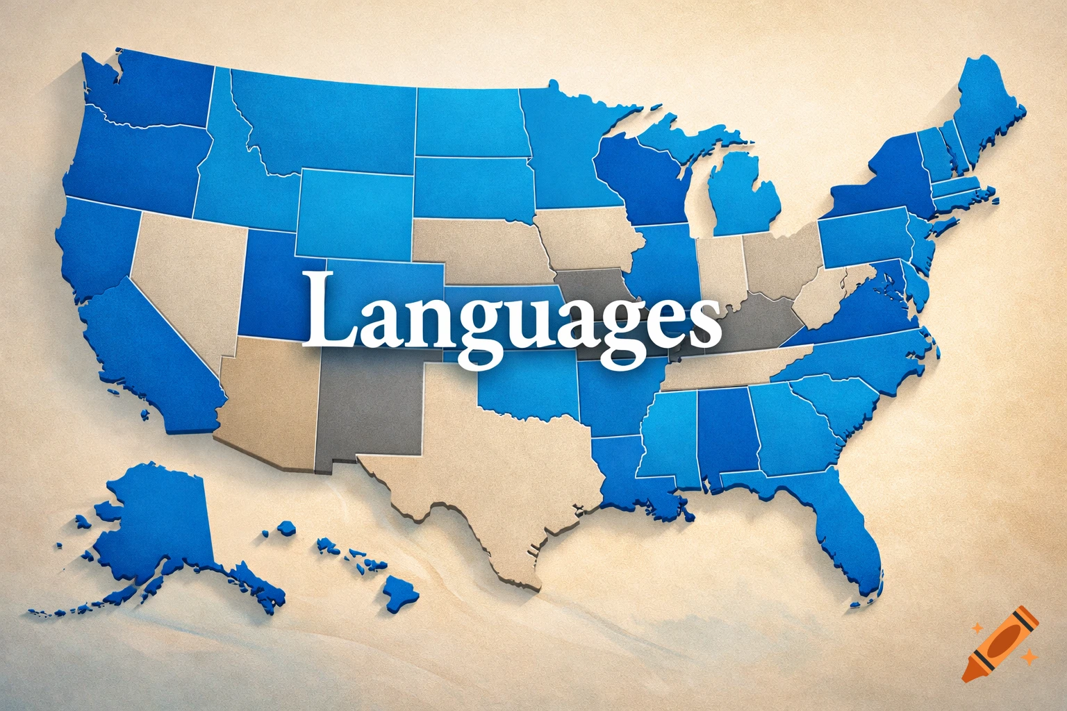 A 3D relief map of the United States, with states colored blue and tan, and the word "Languages" in white text across the center.