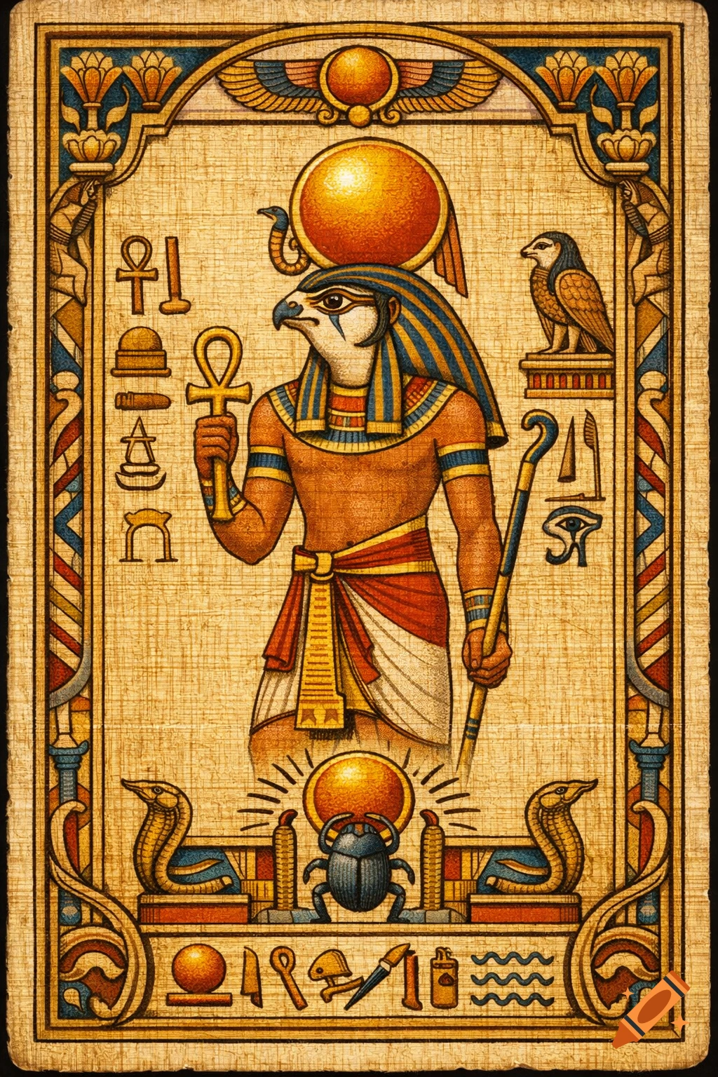Illustration of Ra, the ancient Egyptian falcon-headed sun god, holding an ankh, set within an ornate hieroglyphic border on papyrus.
