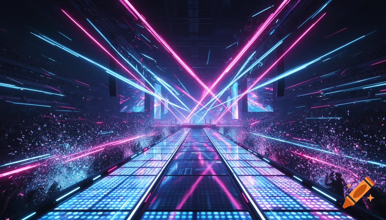 Futuristic EDM concert stage with intersecting pink and blue neon laser ...