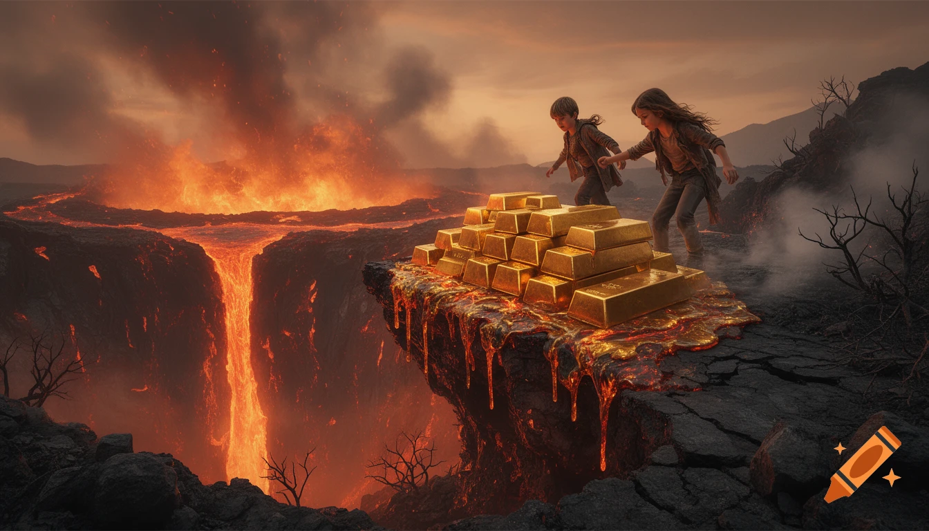 Two children stand on a cliff with melting gold bars, overlooking a fiery lava waterfall in a dramatic volcanic landscape.