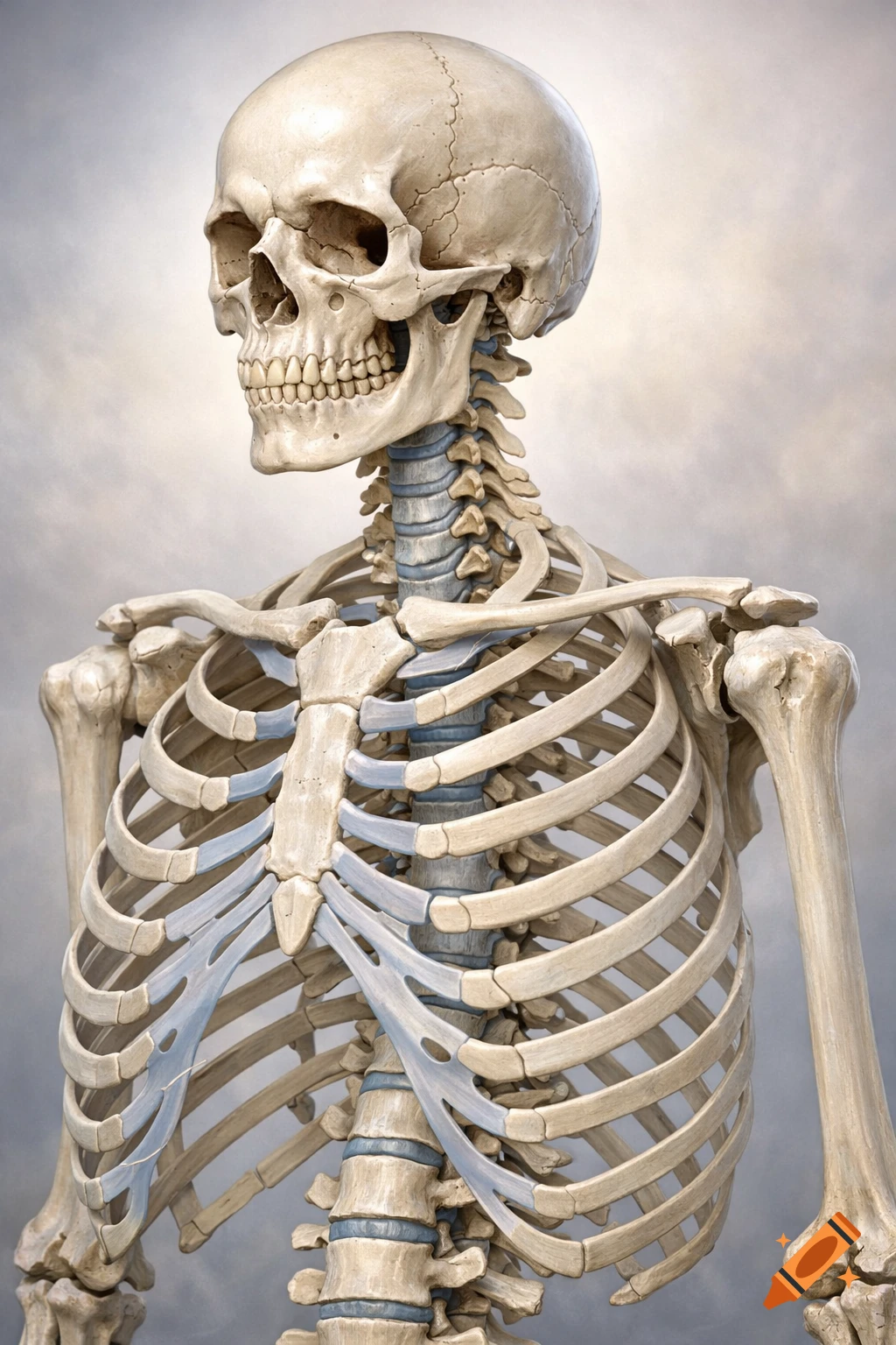 Detailed 3D rendering of the human axial skeleton, including the skull, rib cage, and spine.