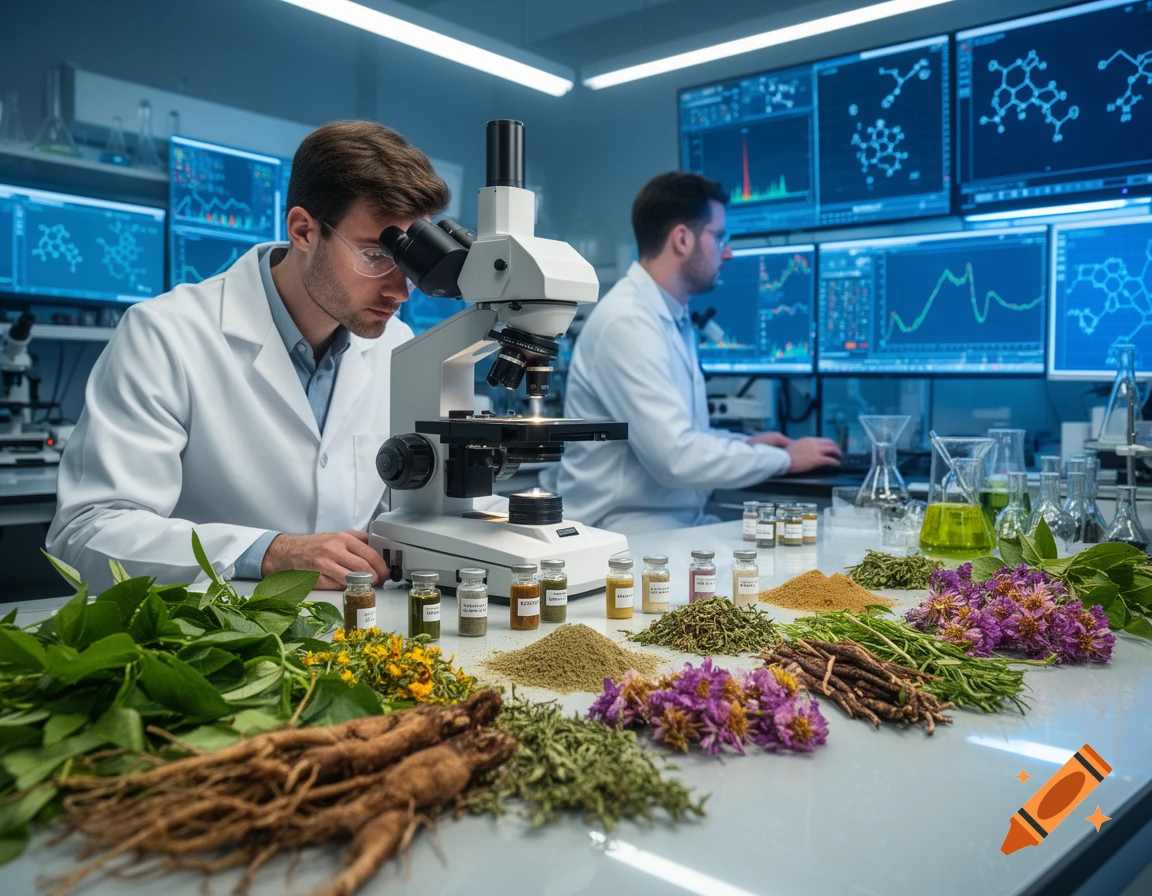 Two scientists in a lab, one examining herbs under a microscope, the other working at a computer with data screens.