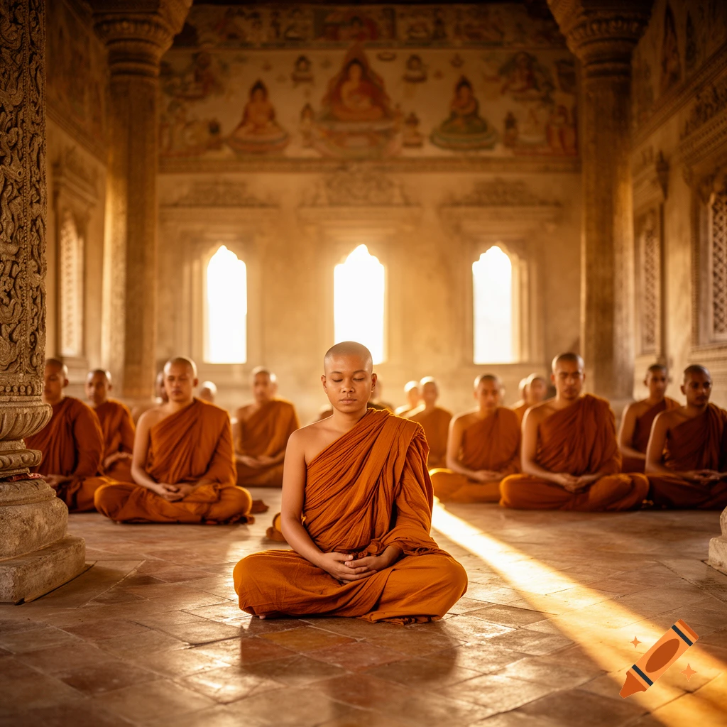 Photorealistic image of monks meditating in a temple, illuminated by sunlight streaming through arched windows.