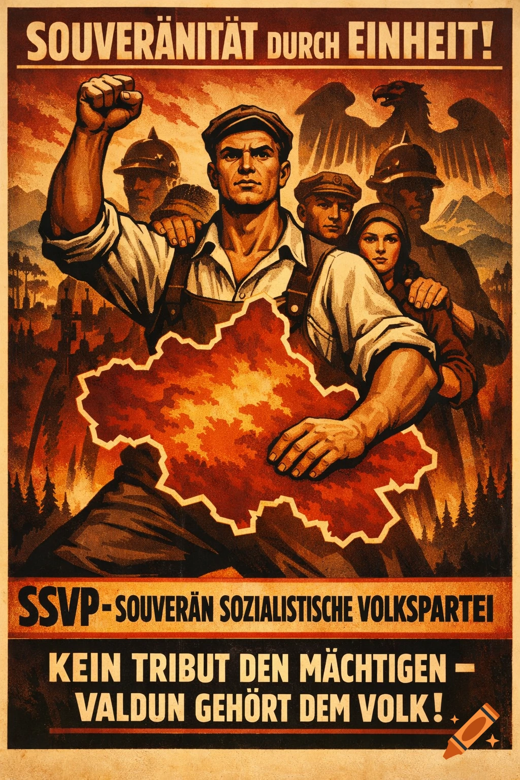 A vintage propaganda poster featuring a determined worker with a raised fist, holding a map, surrounded by supporting figures. Text reads "Sovereignty Through Unity!" and "No Tribute to the Powerful - Valdun Belongs to the People!"