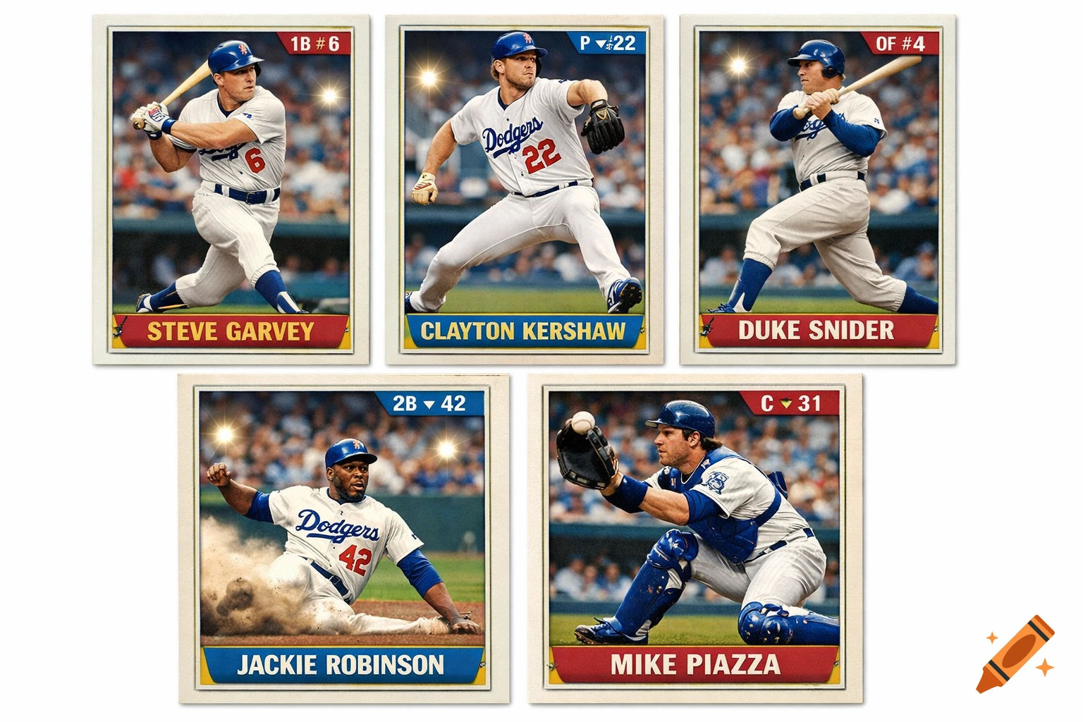 Five vintage-style baseball cards featuring Dodgers players Steve Garvey, Clayton Kershaw, Jackie Robinson, Duke Snider, and Mike Piazza.