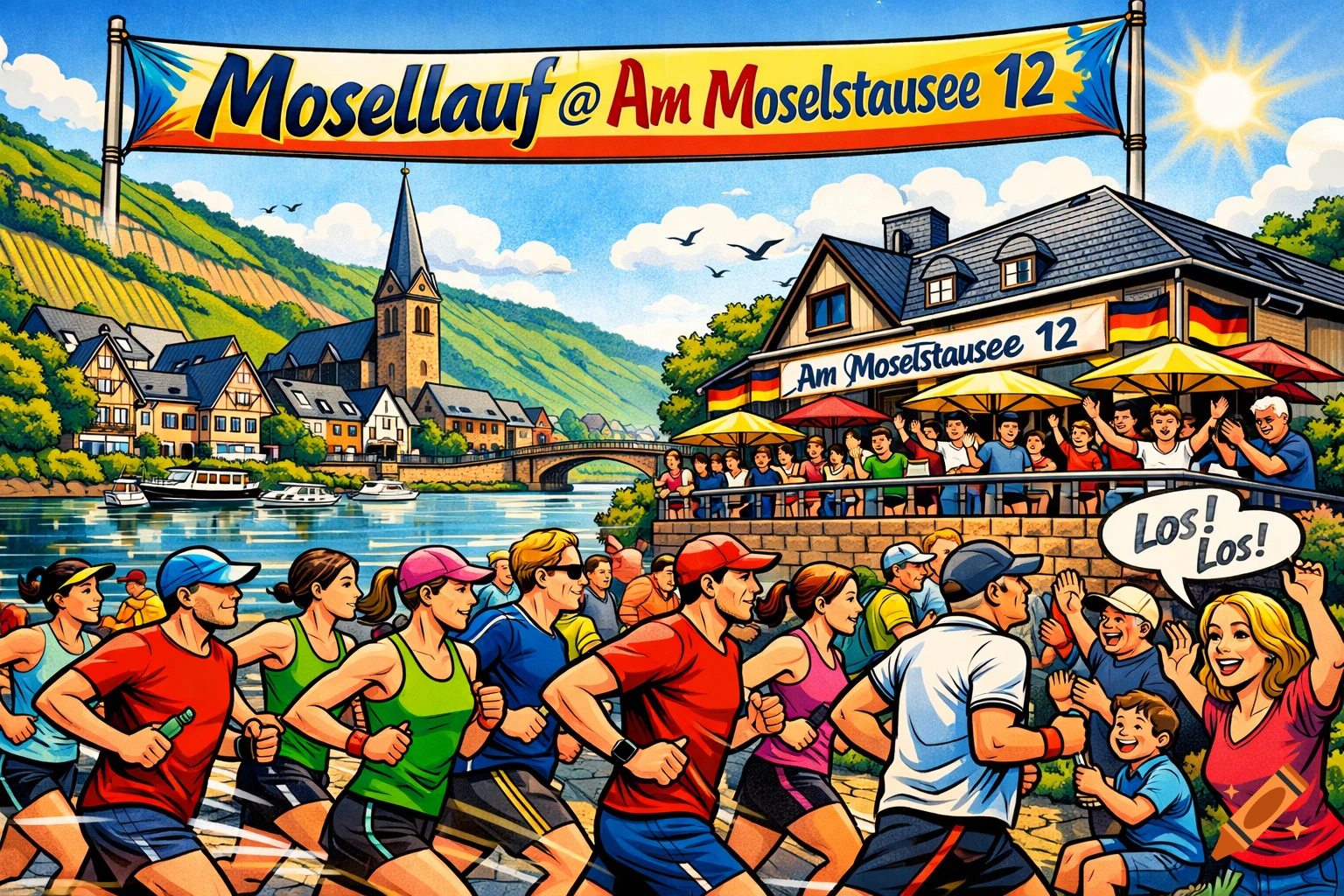 Vibrant comic art of a marathon along Germany's Moselle river, featuring runners, spectators, and a scenic town.