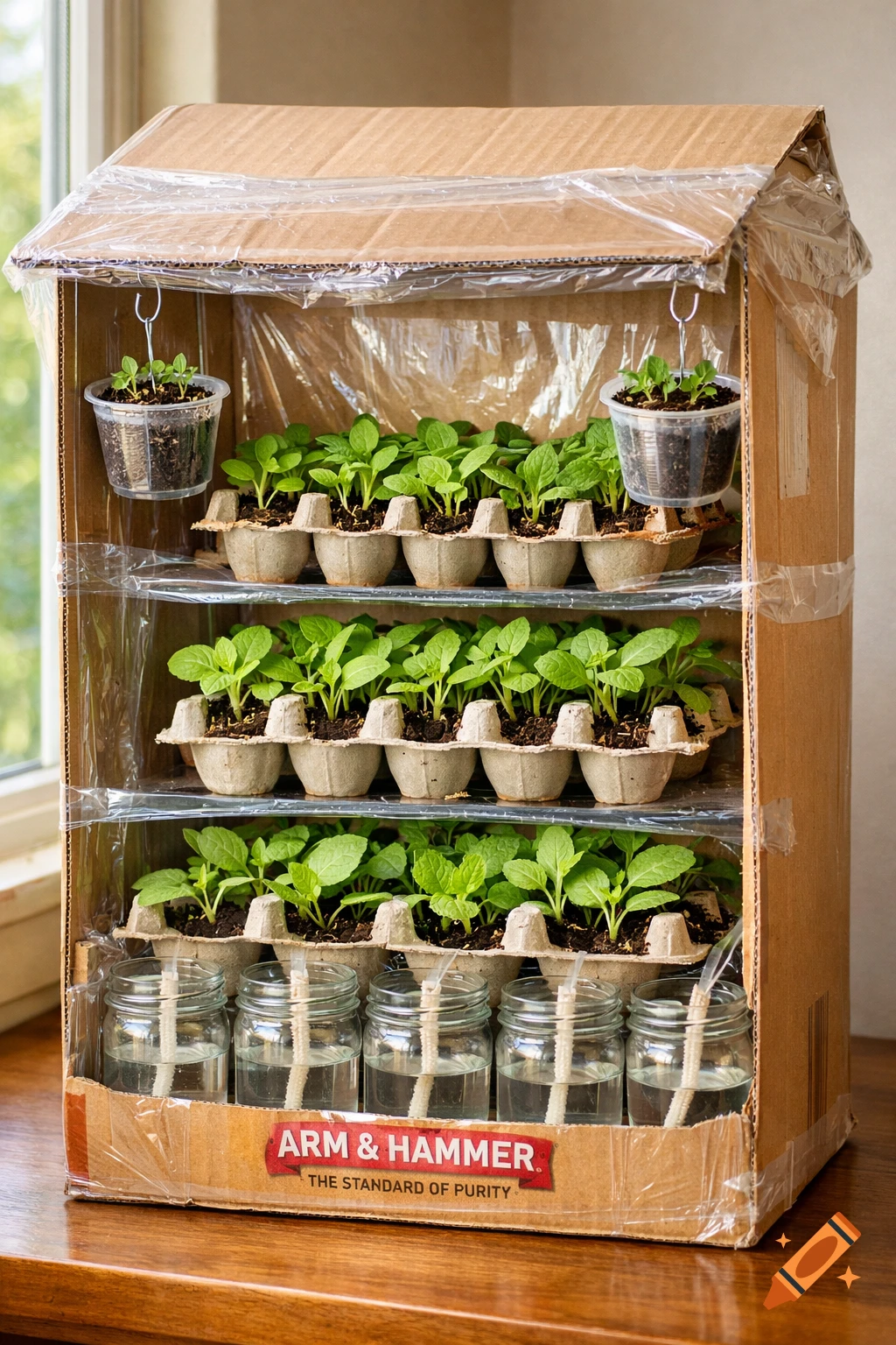 Photorealistic image of a DIY indoor seedling starter made from a cardboard box, with tiers of sprouted plants in egg cartons and water jars.