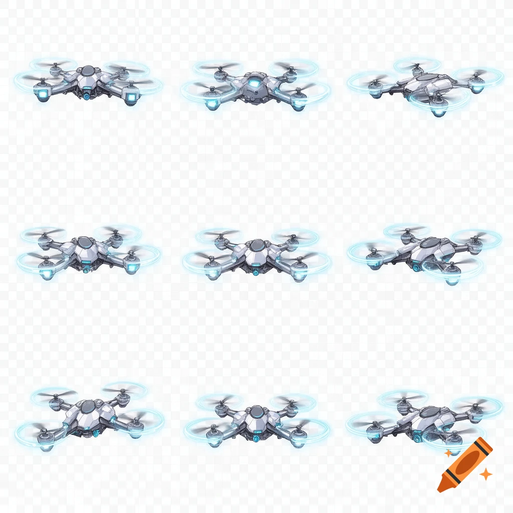 Nine animated drones with glowing blue accents arranged in a 3x3 grid on a transparent background.