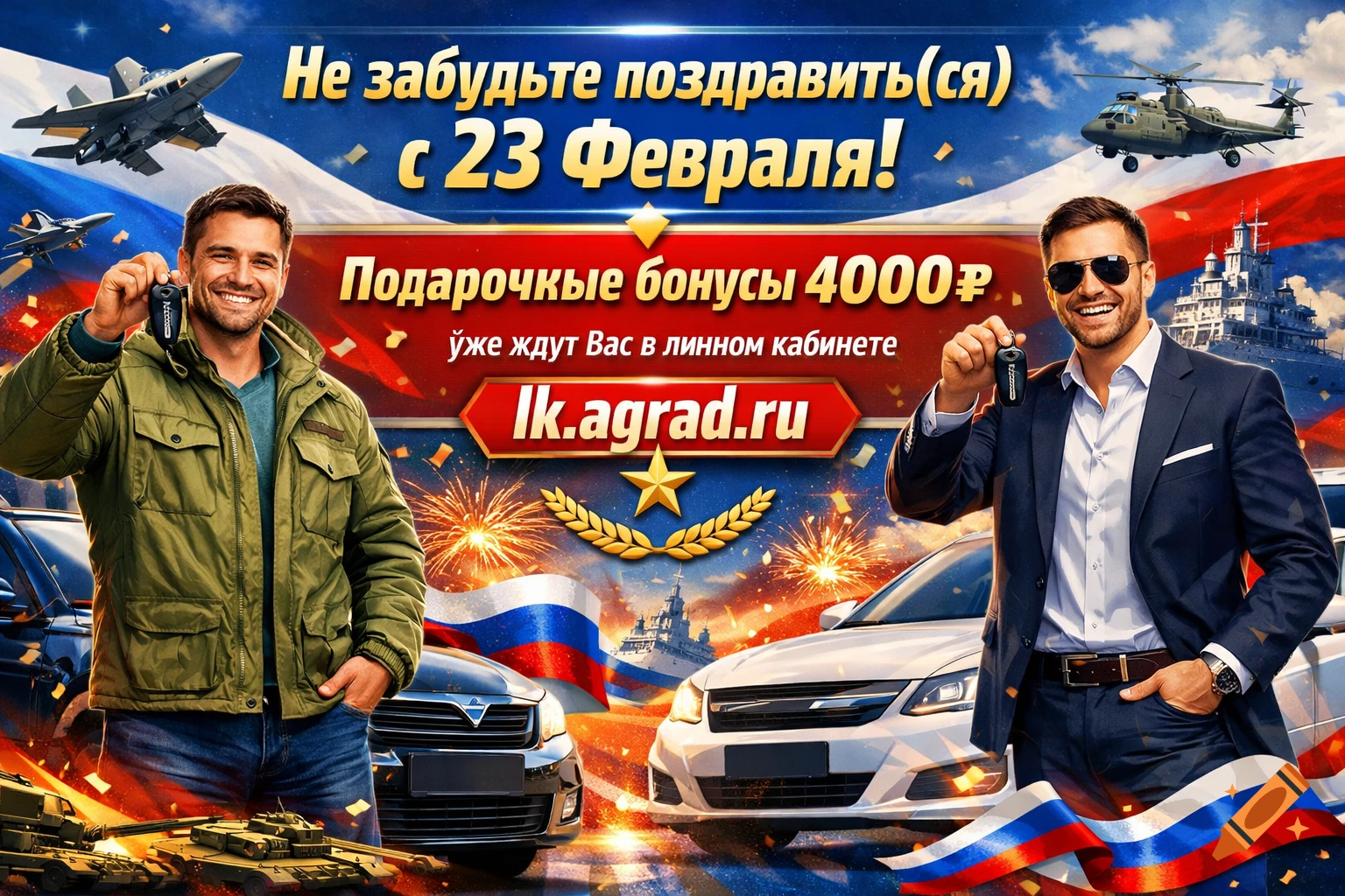Two smiling men, one in a jacket and one in a suit, hold car keys in front of cars, Russian flags, military vehicles, and fireworks. A banner promotes a February 23rd holiday offer.