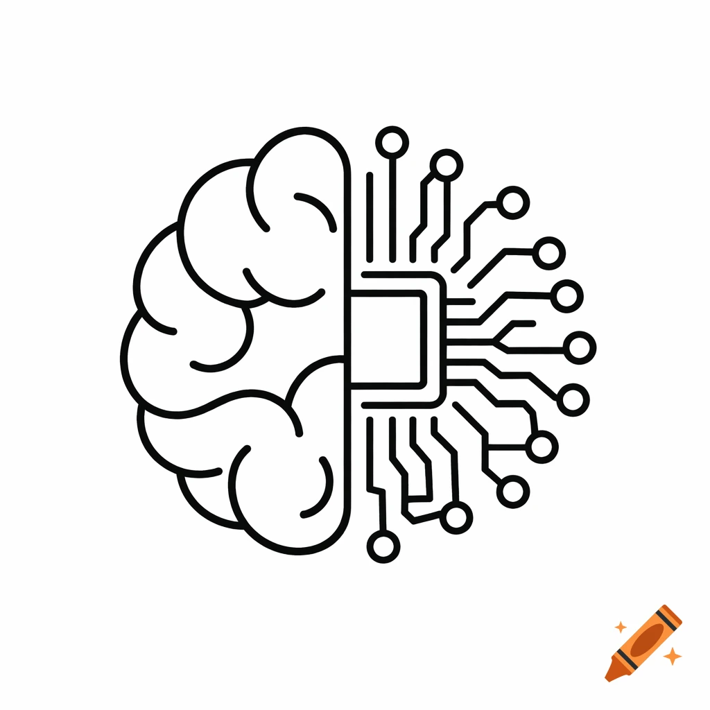 Minimalistic outline icon of a brain merged with a microchip, symbolizing artificial intelligence.