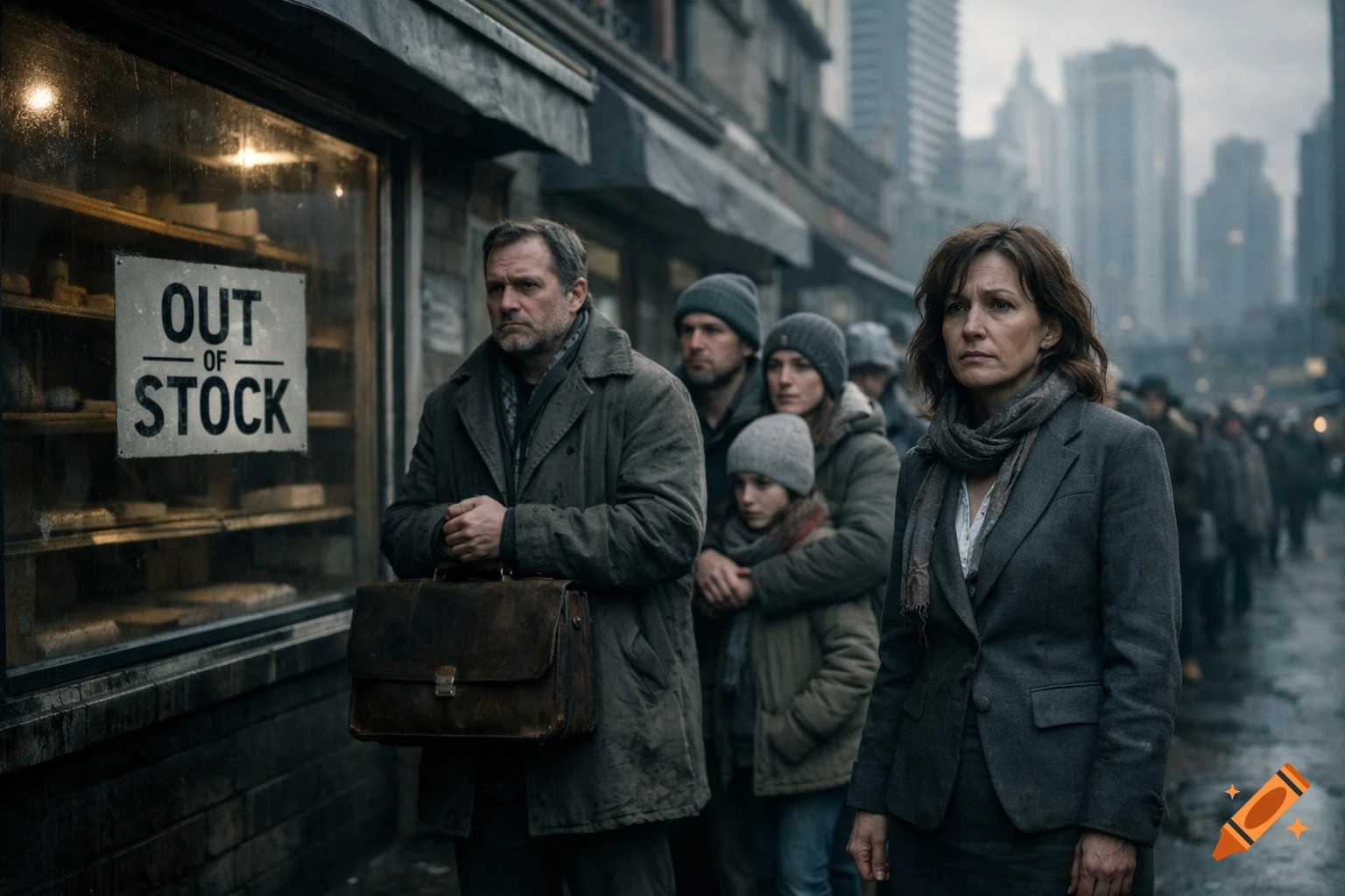 Photorealistic image of anxious people in a bread line on a grim city street, an 'Out of Stock' sign visible in a window.