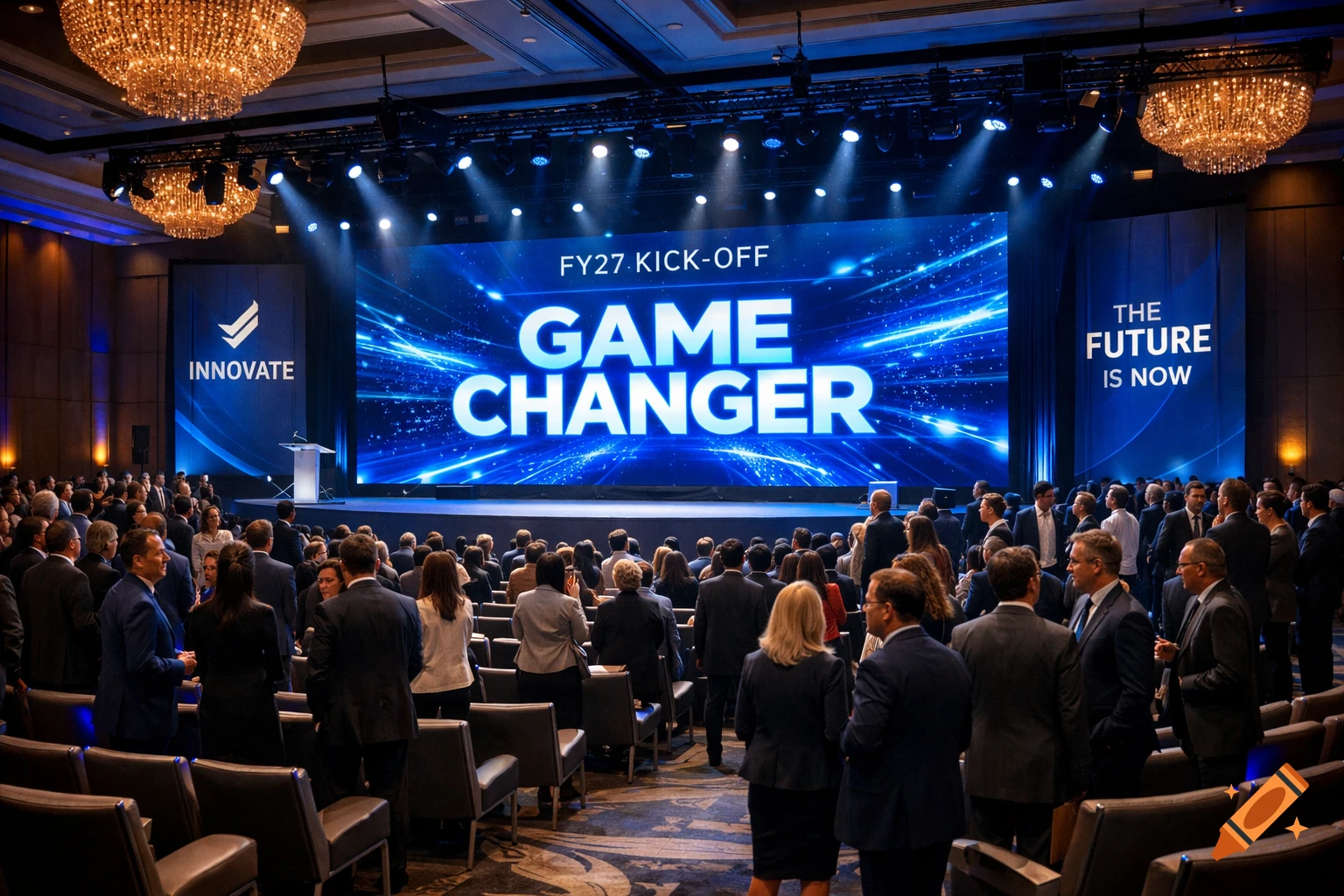 A large business conference hall filled with attendees, facing a bright stage with 'FY27 KICK-OFF GAME CHANGER' displayed on a screen.