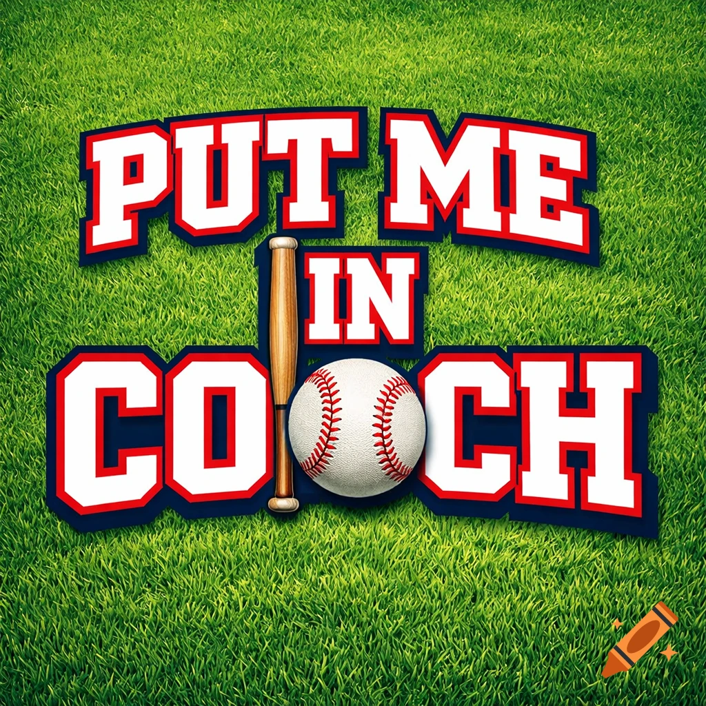 The phrase 'PUT ME IN COACH' in bold, jersey-style letters on green grass, with a baseball replacing the 'O' and a bat replacing the 'I'.