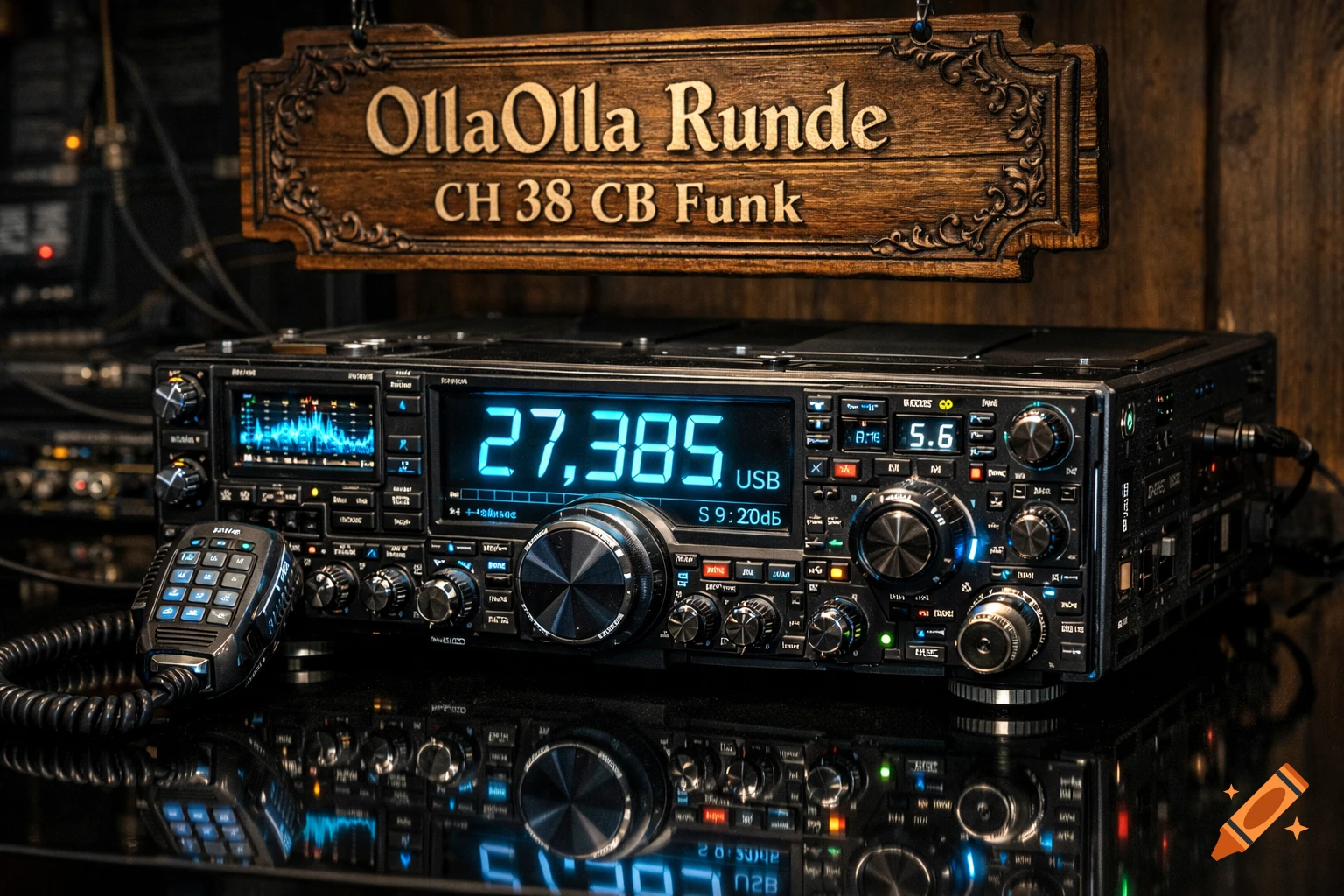Photorealistic close-up of a detailed amateur radio displaying "27,385 USB" on its blue screen, with a wooden sign above reading "OllaOlla Runde CH 38 CB Funk".