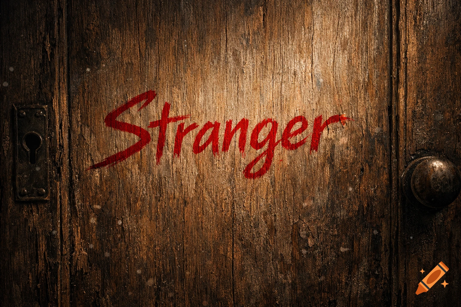 The word 'Stranger' written in red brush strokes on a textured, old wooden door with a keyhole and doorknob.