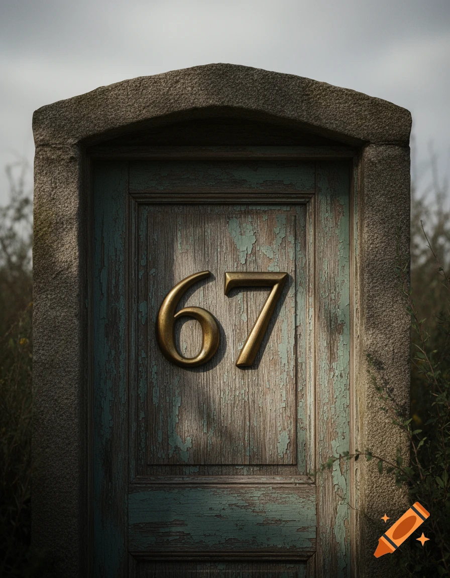 Close-up of a weathered, peeling blue-green door with brass numbers '67' set into a stone frame, surrounded by overgrown plants.