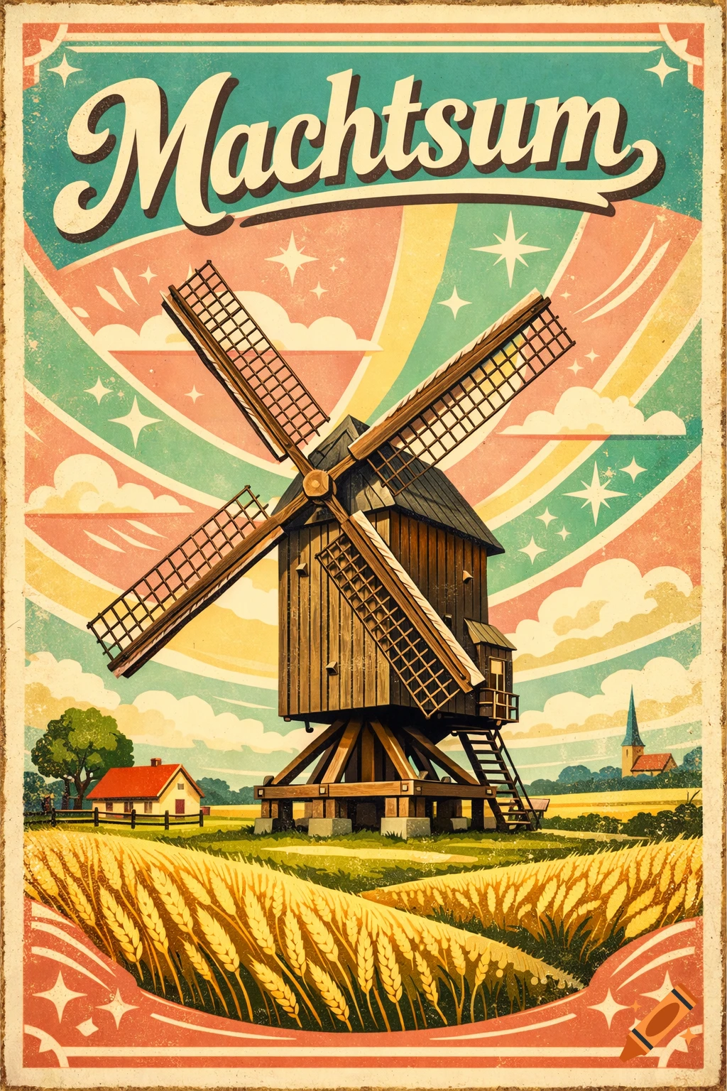 A retro 1950s style poster featuring a traditional wooden windmill in a wheat field under a pastel sky with sun rays, titled "Machtsum".