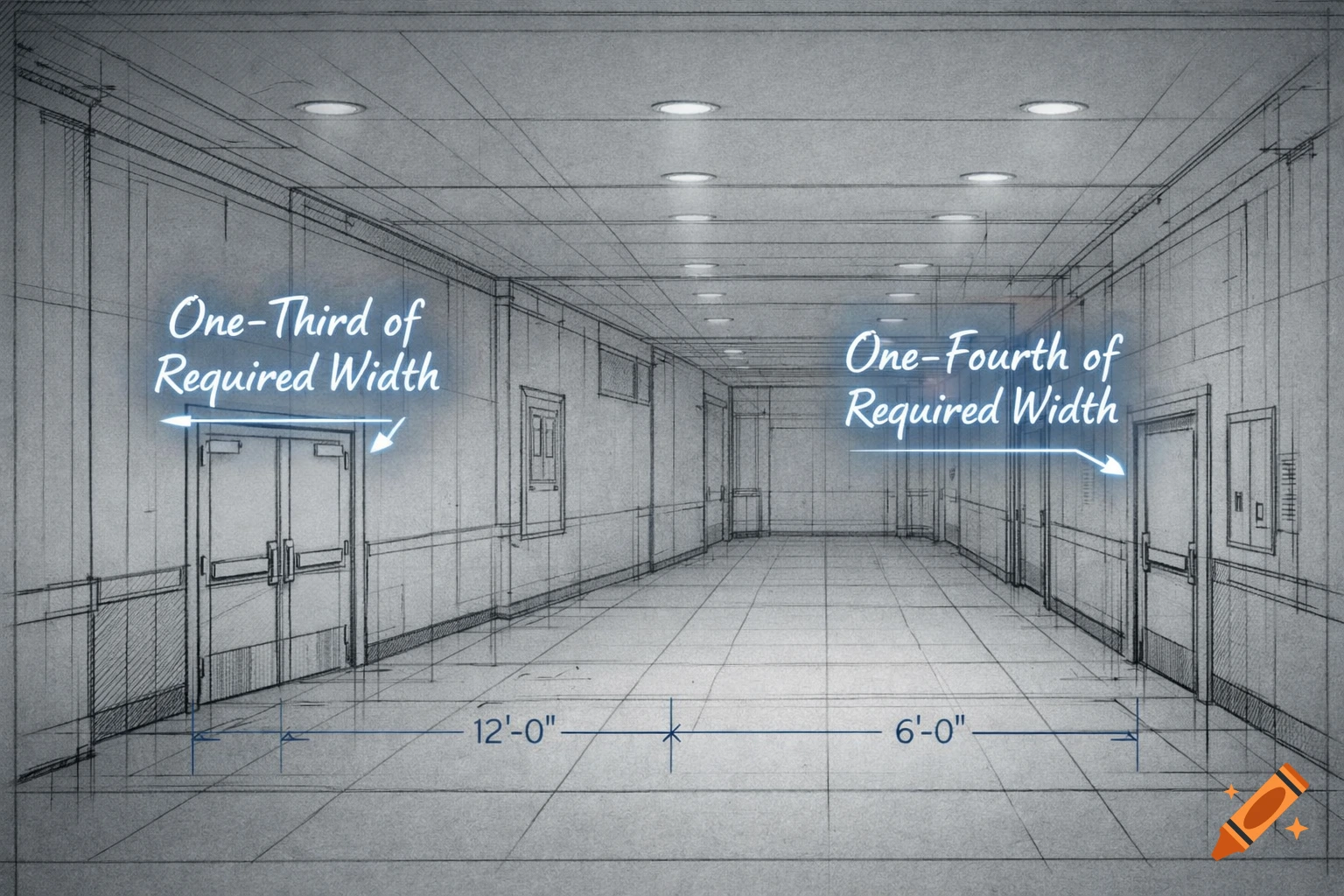 Architectural sketch of a long hallway with doorways, annotated with 'One-Third of Required Width', 'One-Fourth of Required Width', and measurements '12'-0"' and '6'-0"'.
