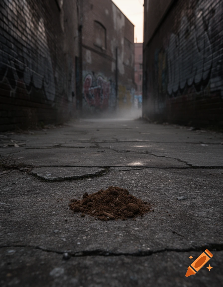 A low-angle photorealistic shot of a small pile of dirt on cracked pavement in a dark, graffiti-covered urban alleyway.
