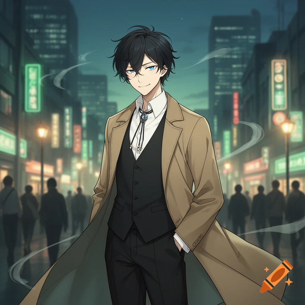 Anime-style man with black hair and blue eyes, wearing a trench coat and suit, smiling on a bustling city street at night.