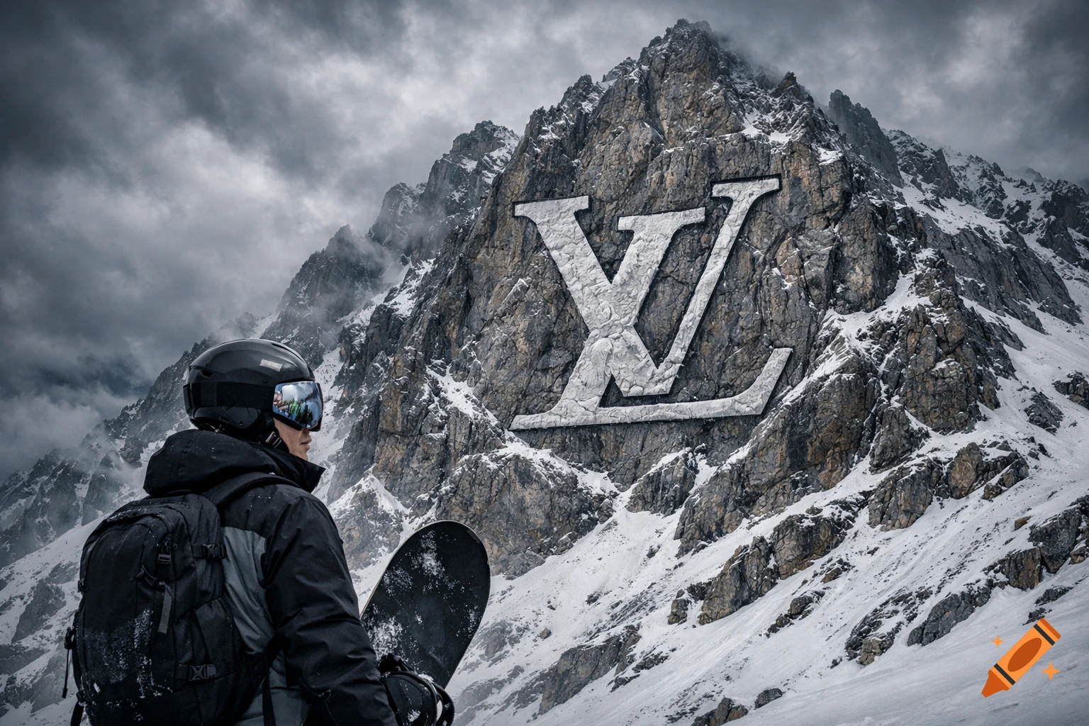 A snowboarder looks at a snow-covered mountain with a large Louis Vuitton 'LV' logo carved into its rock face, under a cloudy sky.