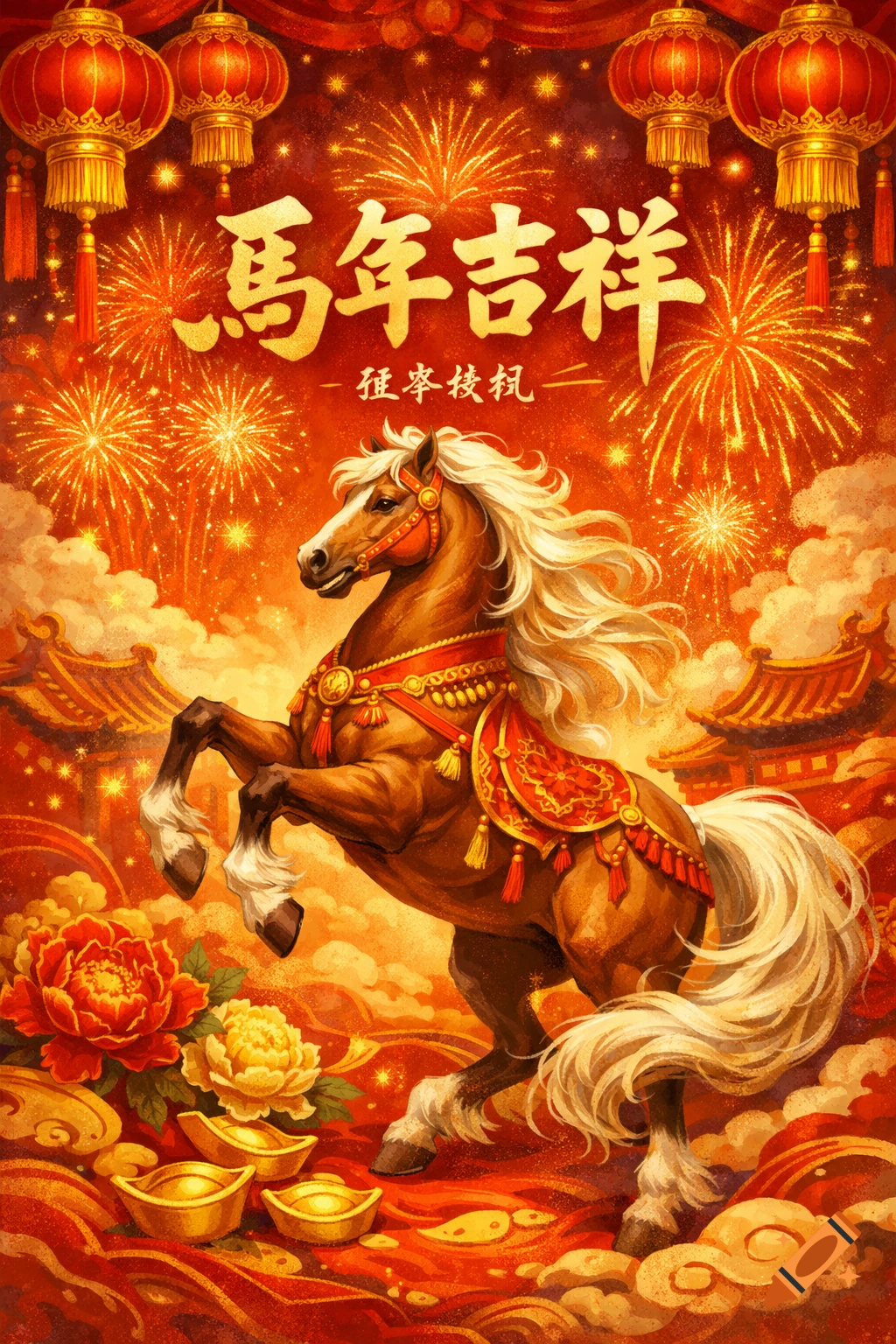 Majestic brown horse rearing amidst red lanterns, golden fireworks, and flowers, with gold ingots. Chinese characters at top, festive traditional style.