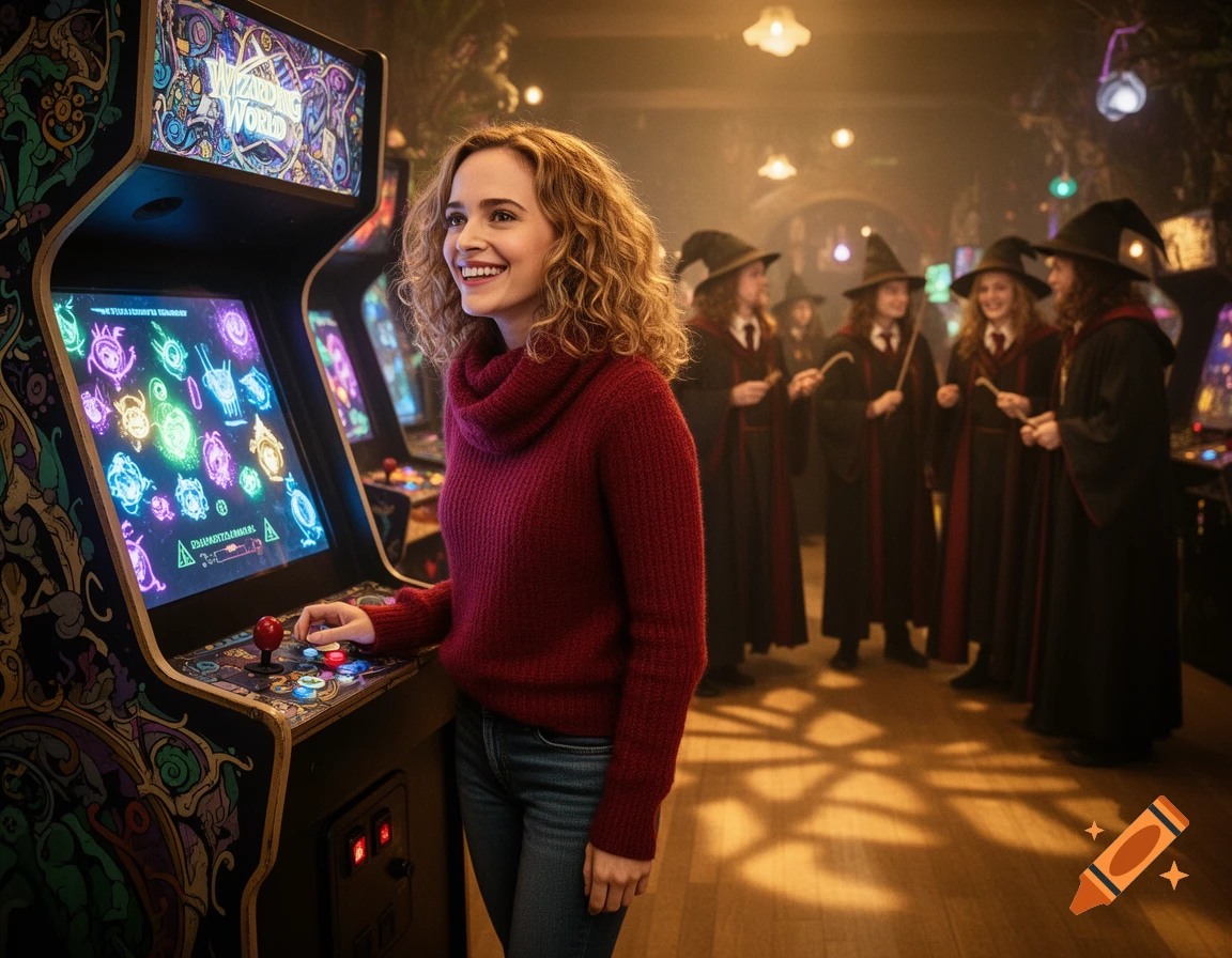 Emma Watson as Hermione Granger smiles while playing a colorful Wizarding World arcade game, with other wizards in the background.