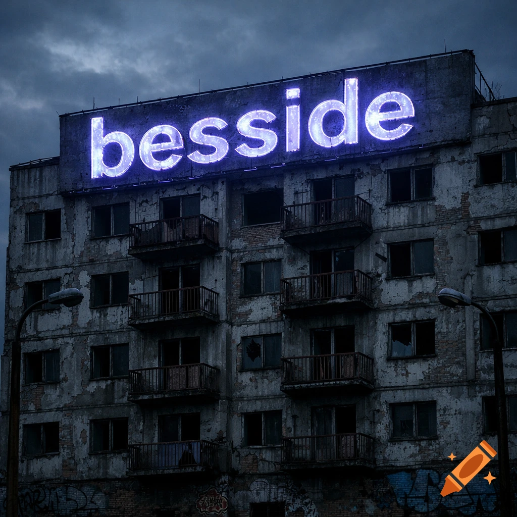 A run-down apartment building at dusk with a glowing purple neon sign reading 'besside' on its roof under a cloudy sky.