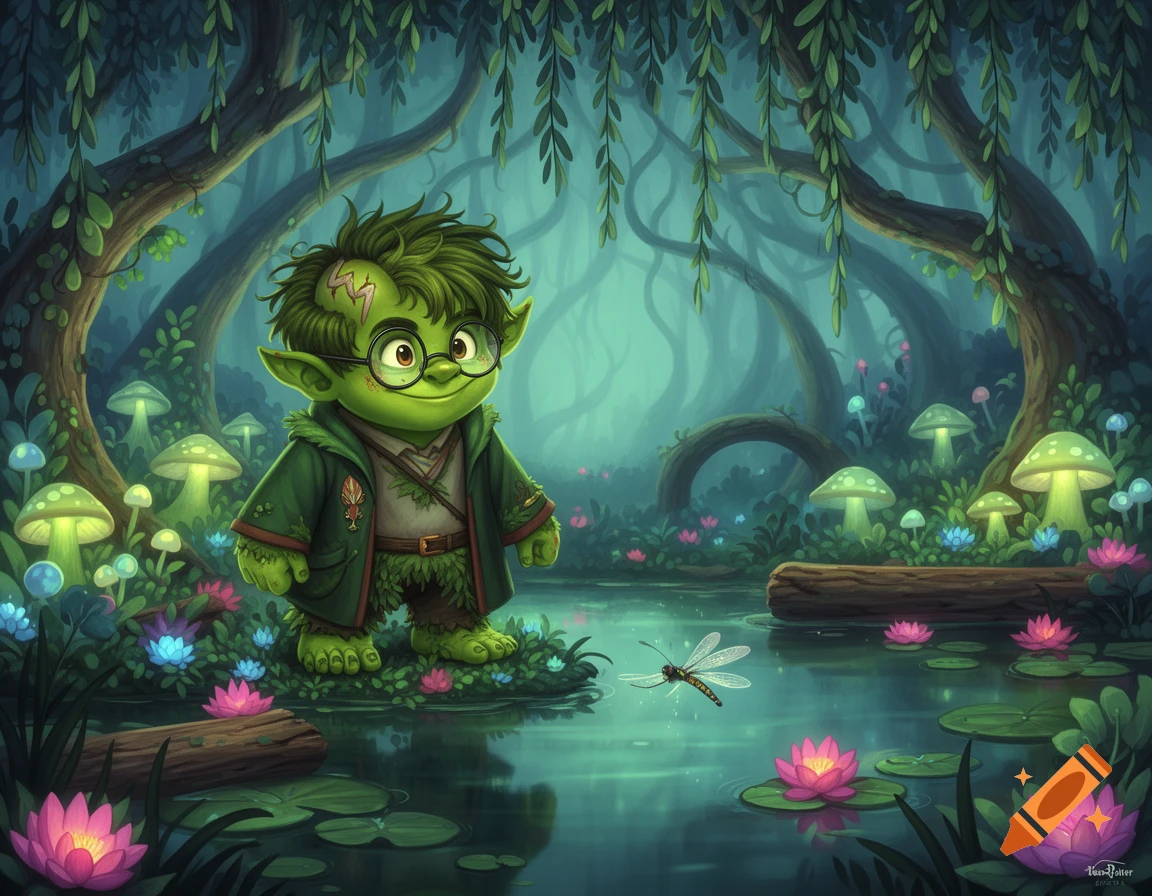 A green, bespectacled cartoon ogre-like character with messy hair stands in a vibrant swamp with glowing mushrooms and water lilies.