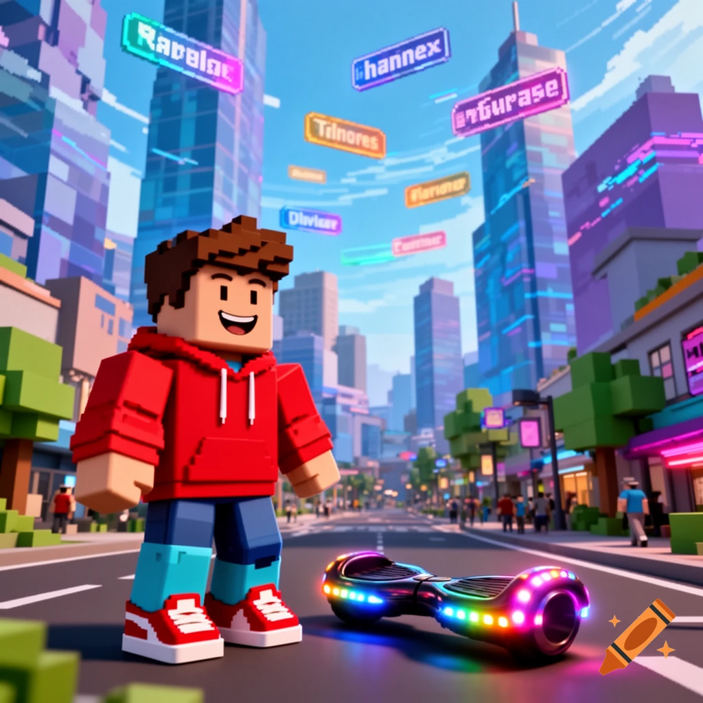 A blocky character in a red hoodie stands next to a glowing hoverboard on a city street with pixelated skyscrapers and floating signs in a bright, colorful voxel art style.