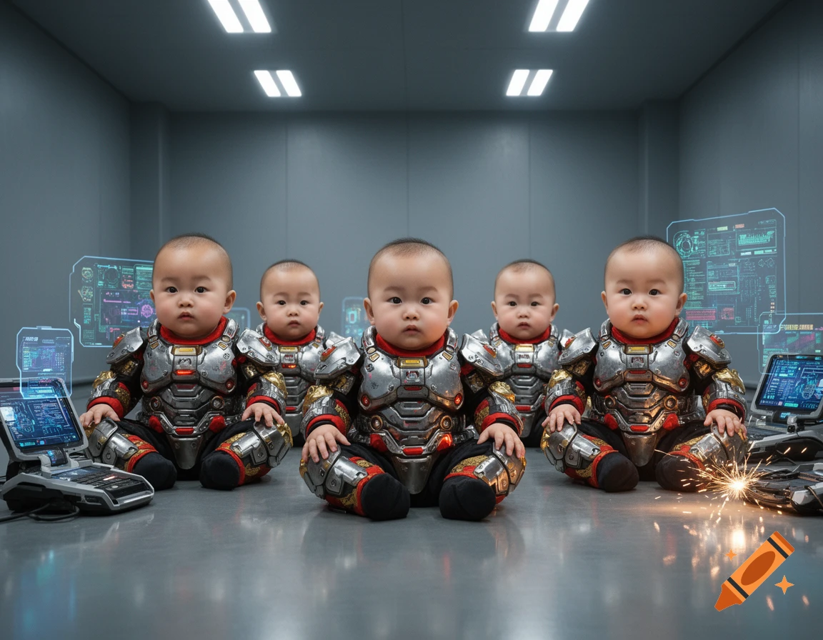 Five Asian babies in detailed futuristic super-soldier armor sit in a sterile grey room surrounded by holographic displays and tech.
