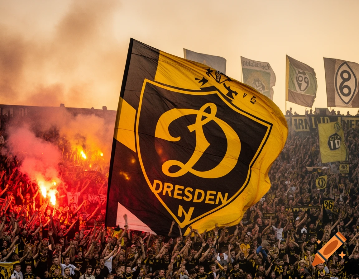 Photorealistic image of soccer fans cheering in a stadium at sunset. A large black and yellow flag with 'DRESDEN' flies above a crowd holding red flares.