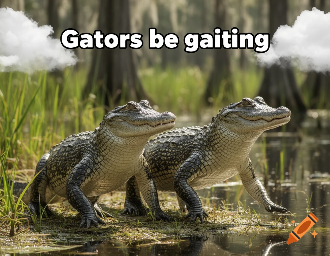 Two alligators emerge from a swamp, with text 'Gators be gaiting' and white clouds above them.