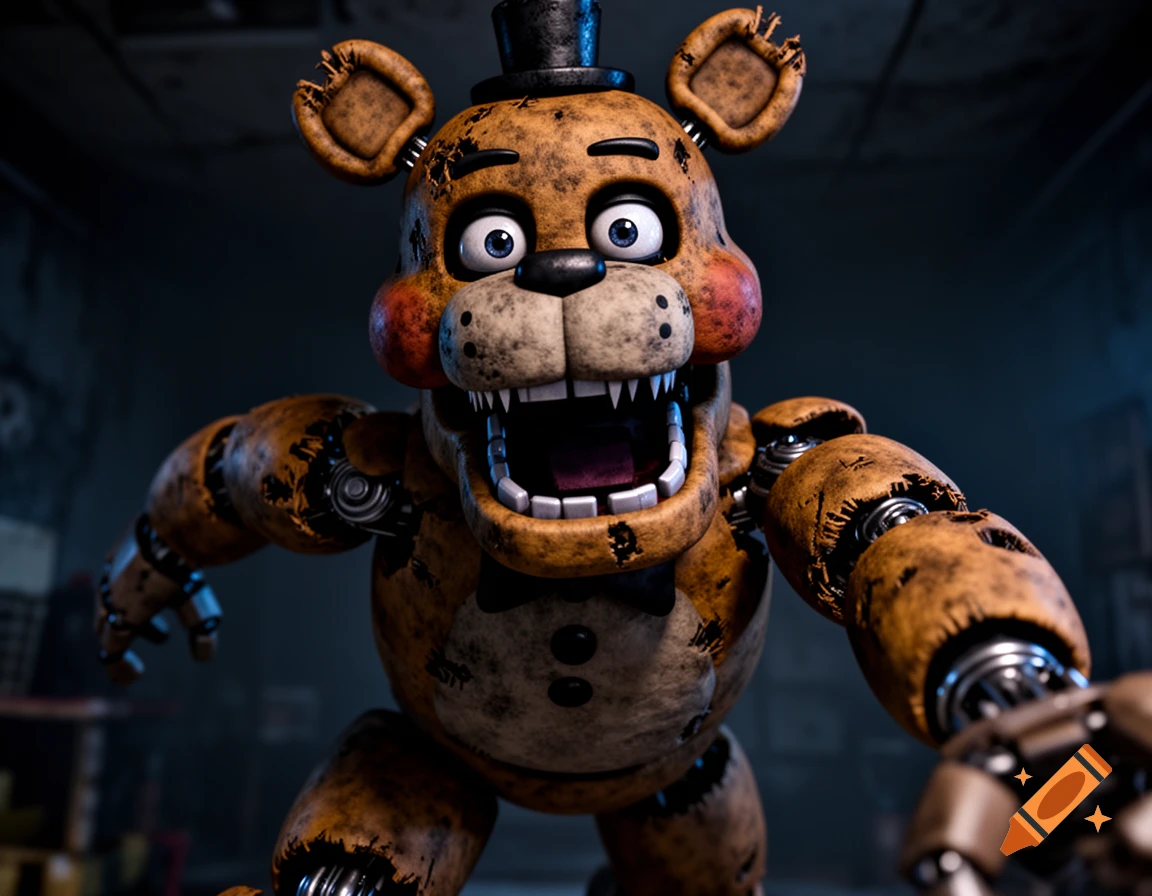 A menacing Freddy Fazbear animatronic lunges forward from darkness, mouth agape with sharp teeth, glowing eyes staring.