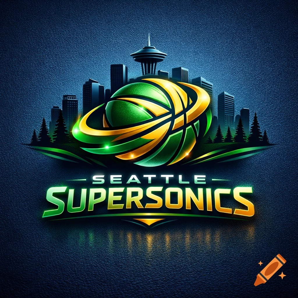 Green and gold Seattle SuperSonics basketball logo featuring a stylized basketball, the Seattle skyline with the Space Needle, and pine trees.