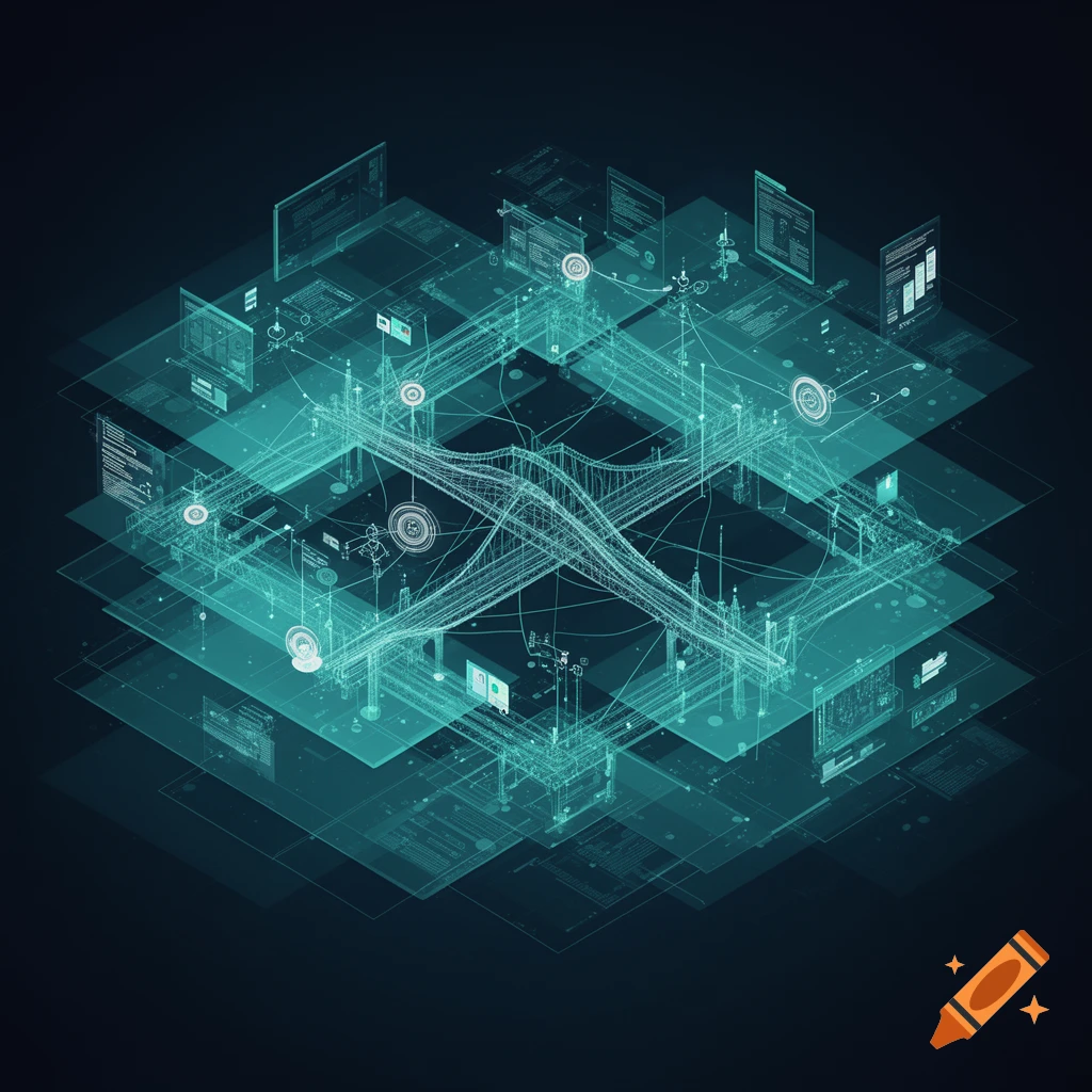 Isometric view of glowing blue wireframe bridges and layered digital panels, depicting complex system integration and abstract data.