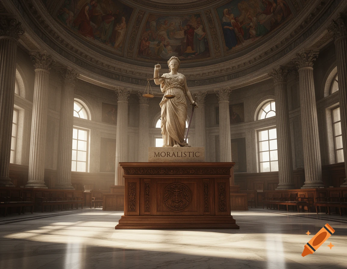Photorealistic Lady Justice statue with 'MORALISTIC' on its base in a grand, sunlit classical courtroom.