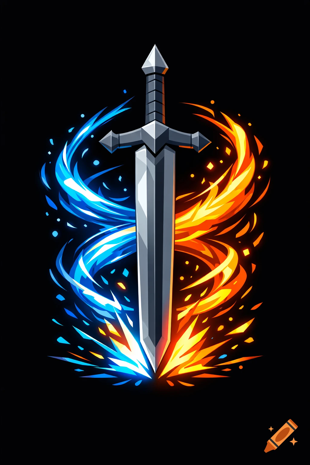 Stylized sword splitting blue ice and orange fire effects on a black background.