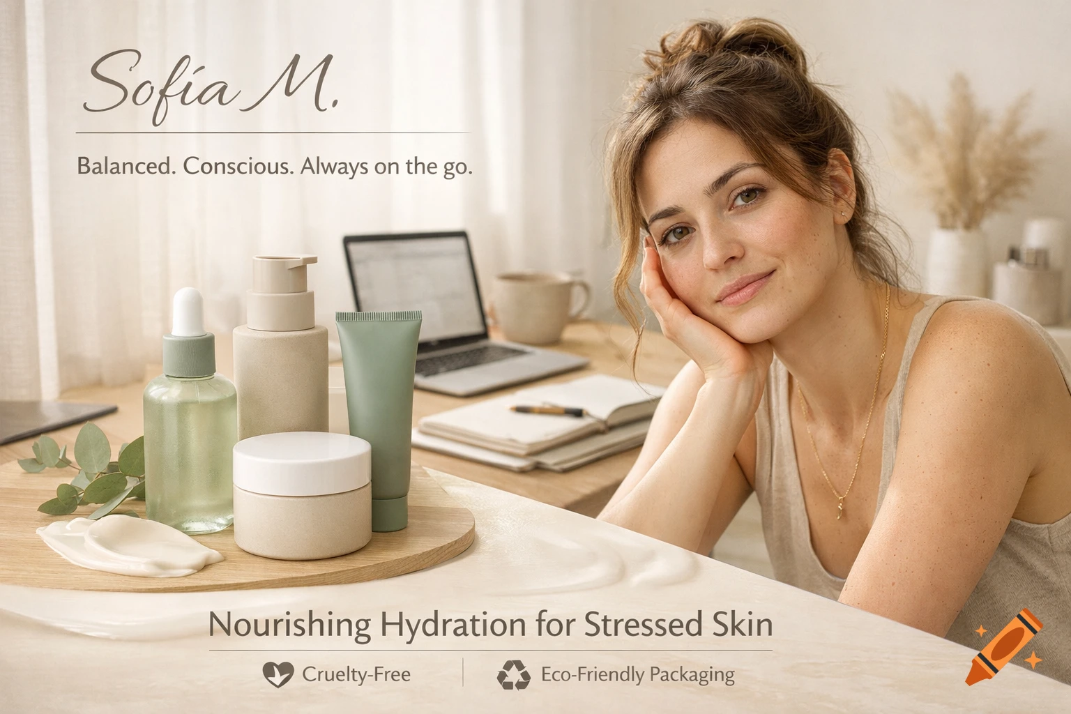 A woman with skincare products and text promoting 'Nourishing Hydration' and 'Cruelty-Free' in a bright, natural-light setting.