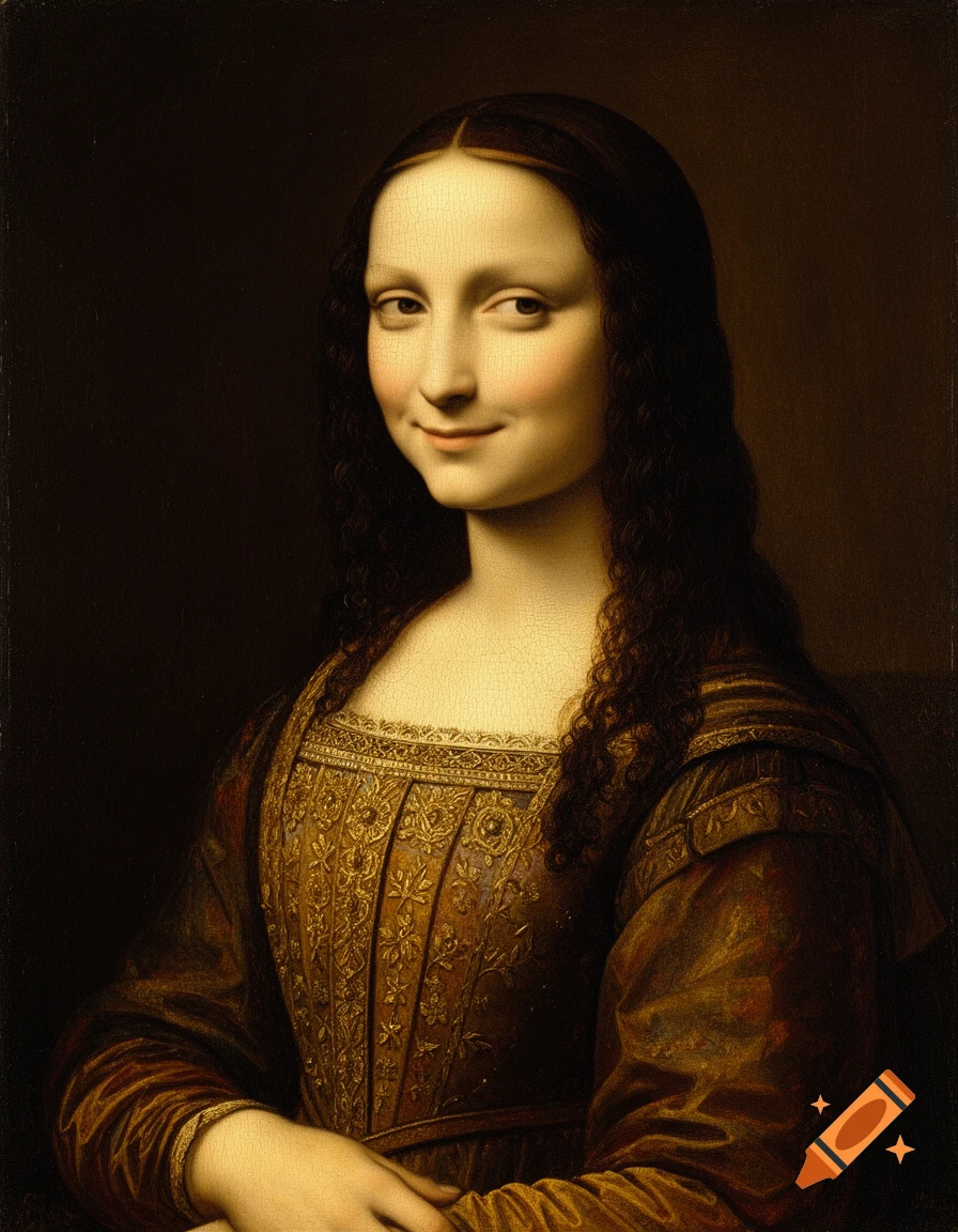 A Renaissance oil painting of a woman with long dark hair, a light complexion, and a mysterious smile, looking forward.