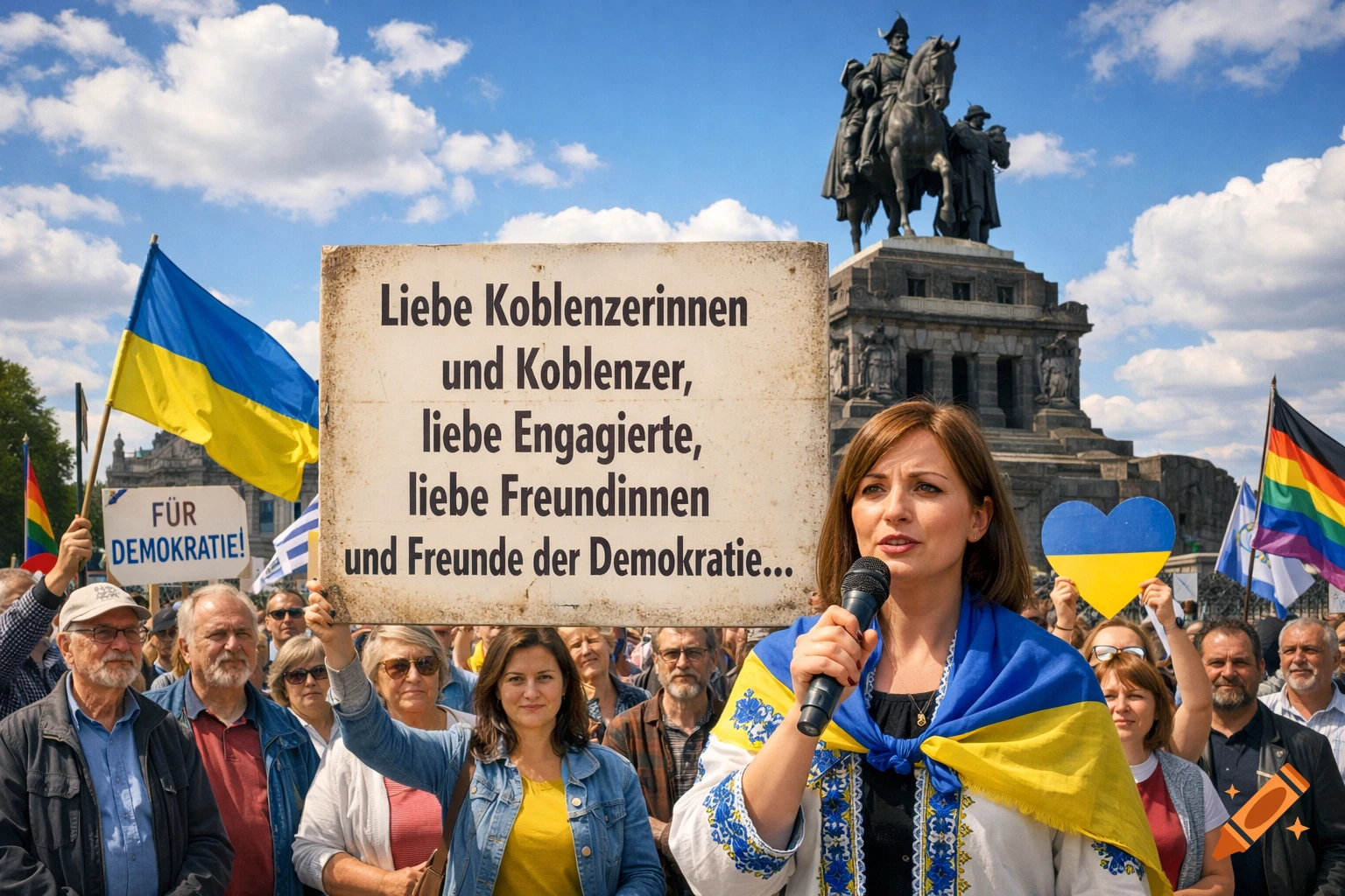 A woman speaks into a microphone at a political rally in Koblenz, in front of a crowd and a large monument.
