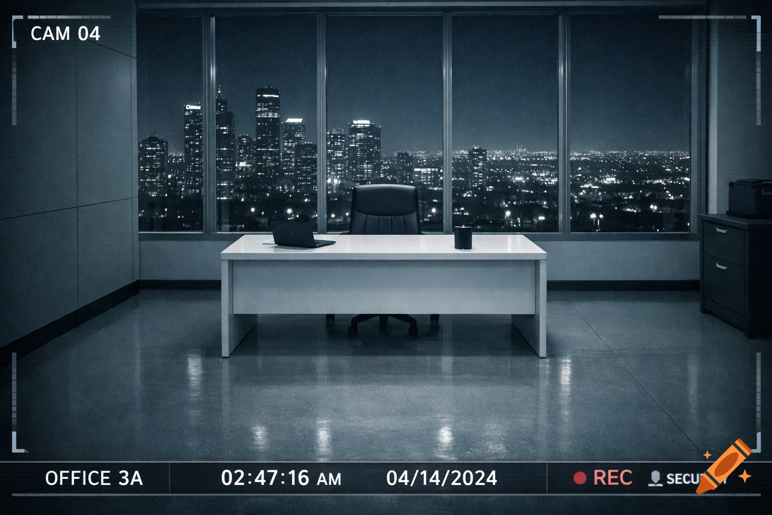 A security camera view of an empty office at night with a city skyline visible through large windows.