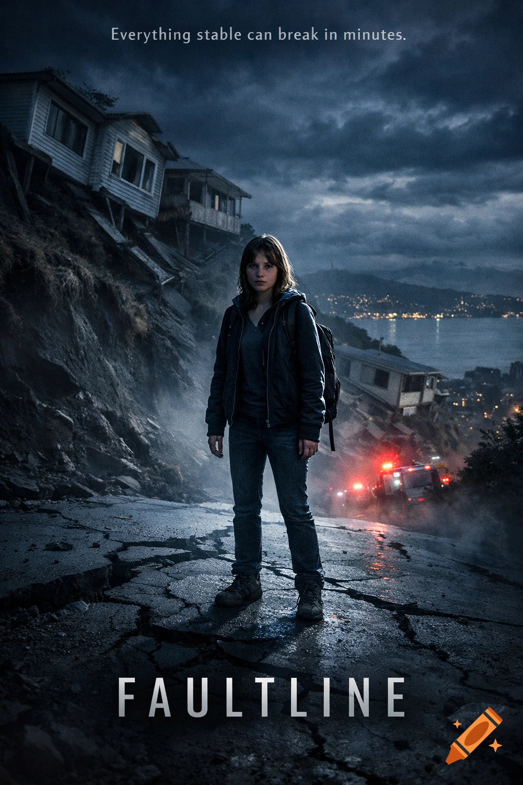 Teenage girl stands on a cracked road after an earthquake, with damaged houses, city lights, and a stormy sky behind her. Movie poster.