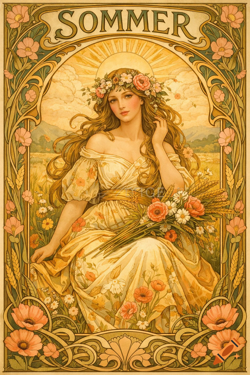Art Nouveau illustration of a woman with long wavy hair and a flower crown, holding flowers and wheat, framed by decorative borders with text 'SOMMER'.