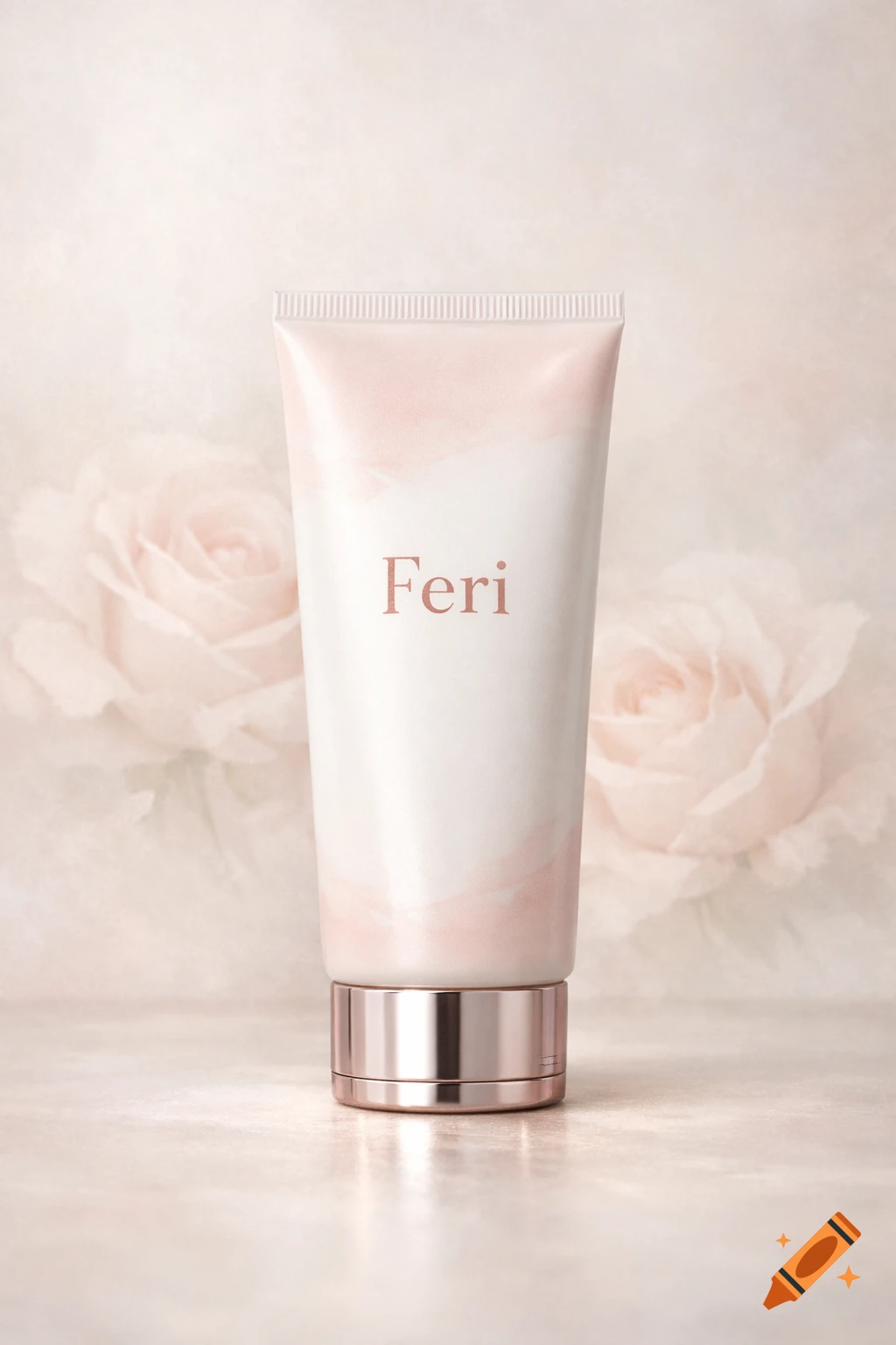 White and pink hand cream tube with 'Feri' branding, set against a soft, light pink rose background.